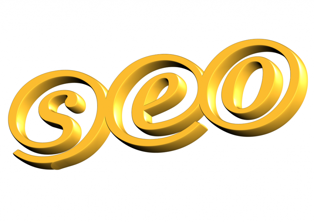 Gold writing against a white background spelling out seo