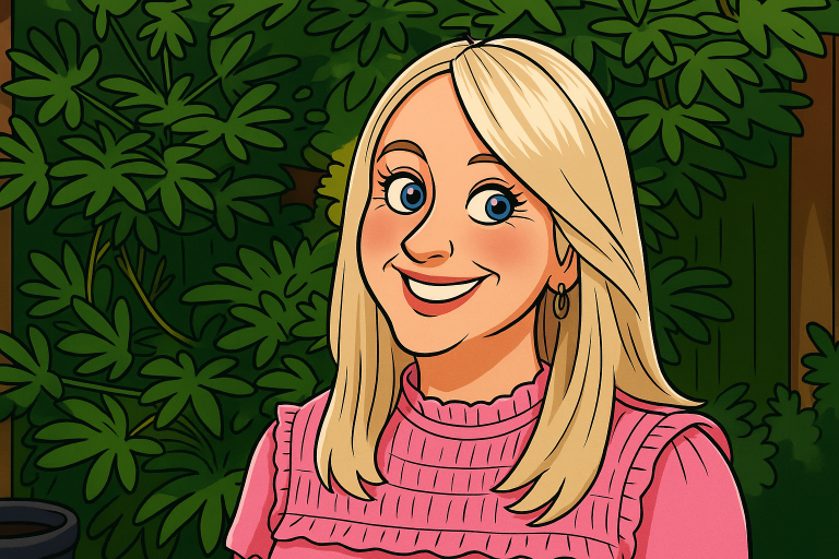 Cara Bartlett transformed into a cartoon character - blonde hair, blue eyes, pink top, smiling face