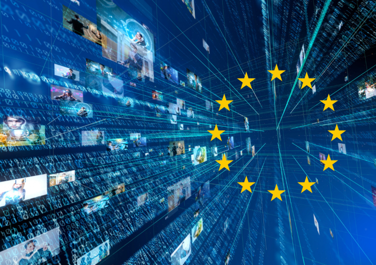 Blue digital image showing different people using technology with the EU star circle overlaid